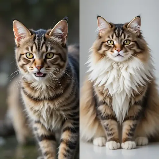Selective breeding comparison of a wildcat and a fluffy Persian cat, shown in an evolutionary style with a clean educational background