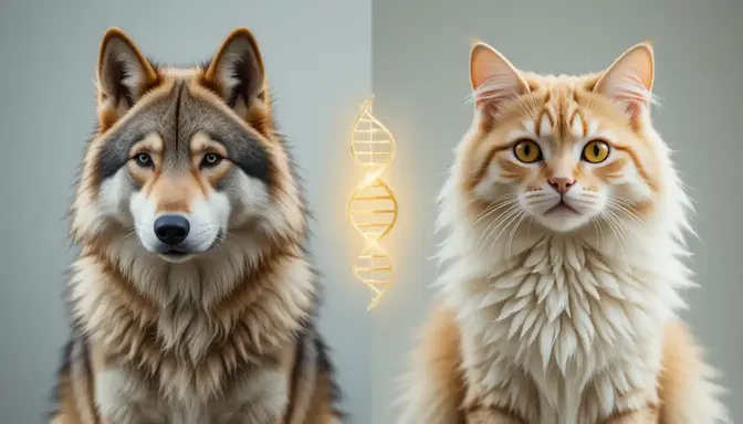 Selective breeding illustrated with a split-screen showing a wild ancestor on one side and a domesticated descendant on the other.