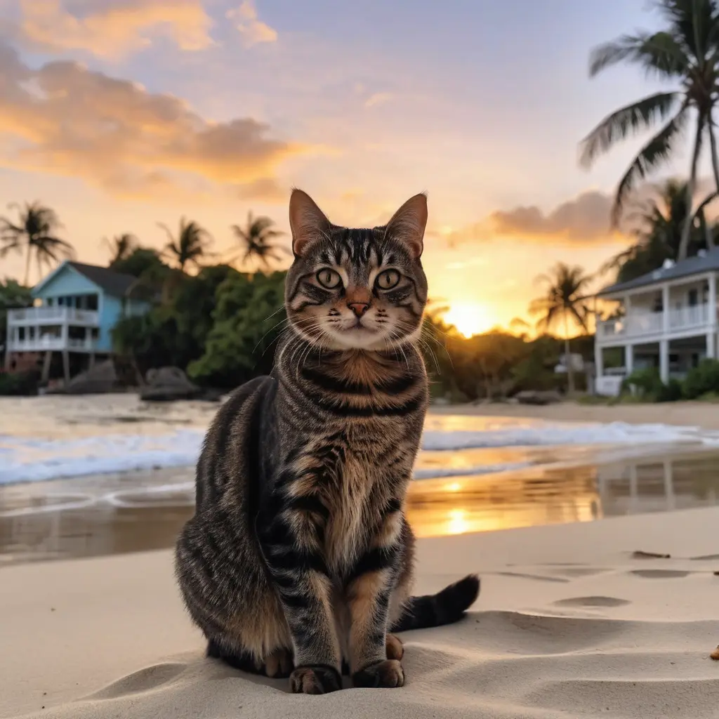 A tranquil tabby cat resting on the beach, surrounded by the warm hues of a sunset sky.