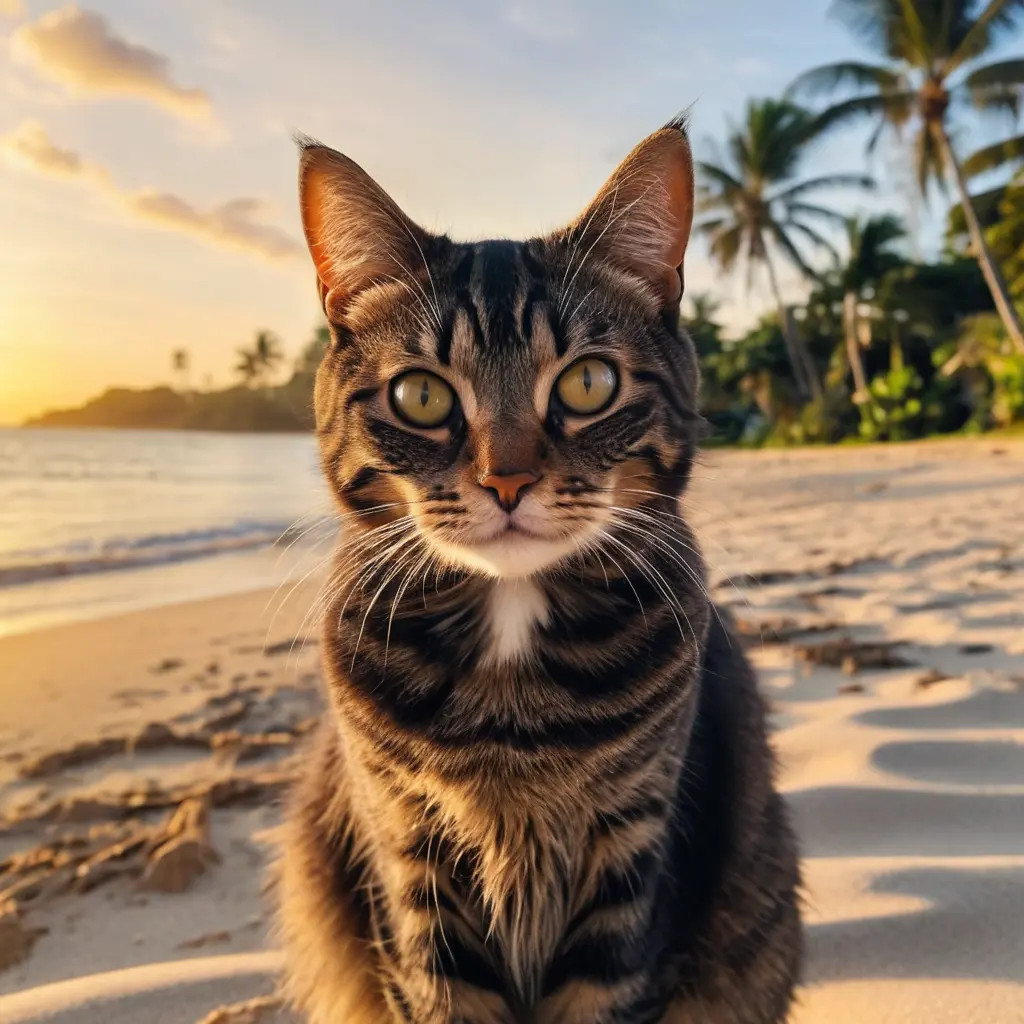 A relaxed tabby cat enjoying the beach, silhouetted against a vibrant sunset sky.