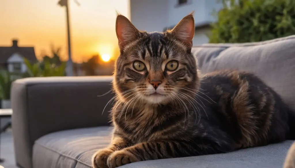 A cozy tabby cat lounging on a couch, bathed in the warm glow of a beautiful sunset.