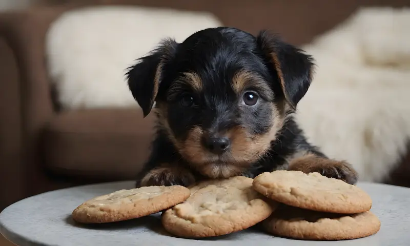 A dog with paws on a table looking at a plate of cookies.