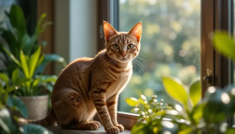 Sleek Abyssinian cat with ruddy ticked coat perched on a sunlit windowsill surrounded by green houseplants for Abyssinian Cat
