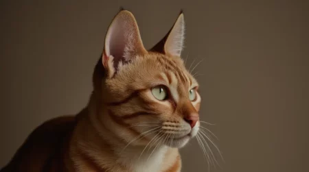 Close-up Abyssinian cat with green eyes against a neutral background.