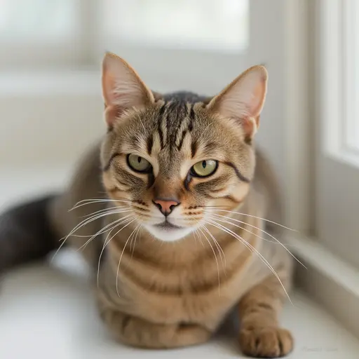 Abyssinian cat with piercing green eyes sitting by a window.