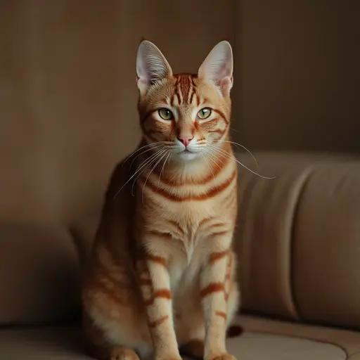 Abyssinian cat with striking eyes sitting gracefully on a beige sofa.