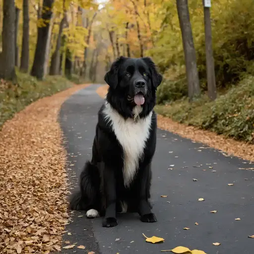 Newfoundland dog sits on a paved path lined with autumn leaves, surrounded by trees with golden foliage.