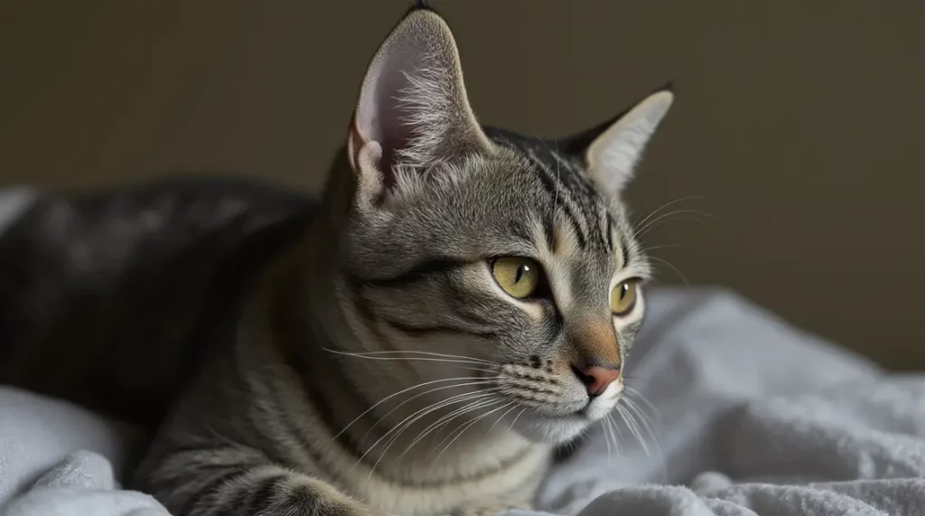 American Shorthair with yellow eyes lying on a soft blanket, looking to the side.