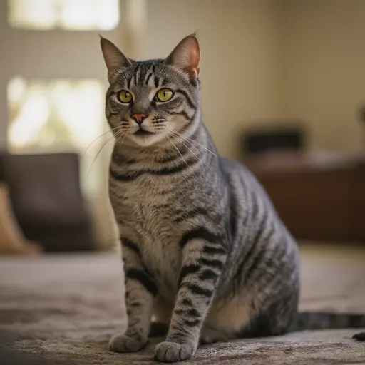 American Shorthair with green eyes sitting on a carpet, looking alert.