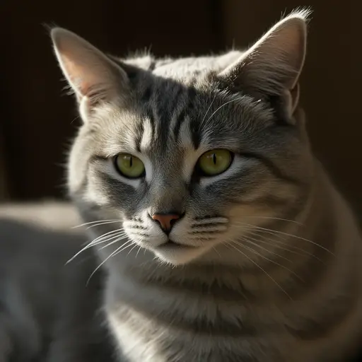 American Shorthair with striking yellow eyes in sunlight.