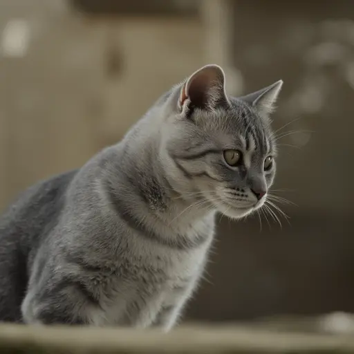 American Shorthair looking to the side against a blurred background.