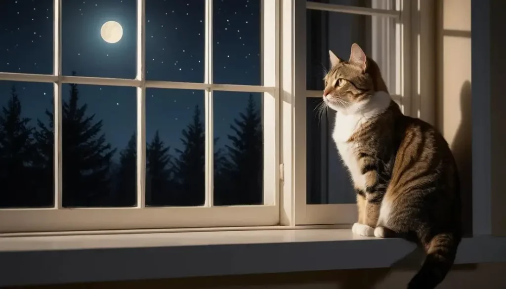 Cat sitting by a window looking at a night sky with a full moon and stars.