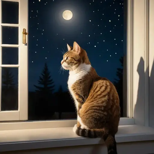 Cat sitting on a windowsill at night, looking at the moon and stars.