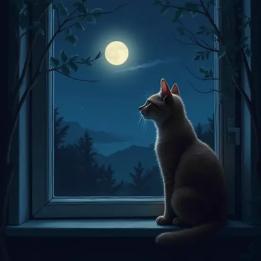 Cat sitting on a windowsill at night, looking at a full moon amidst silhouetted trees and mountains.