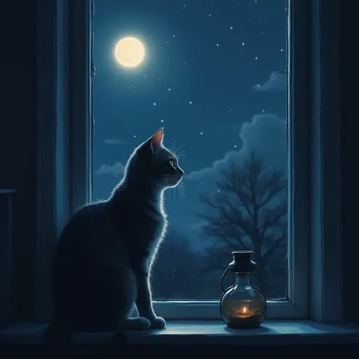 A cat sits by a window at night, gazing at the moon, with an oil lamp on the sill.