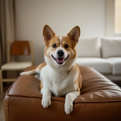 A brown and white dog lying on a leather ottoman in a cozy living room.