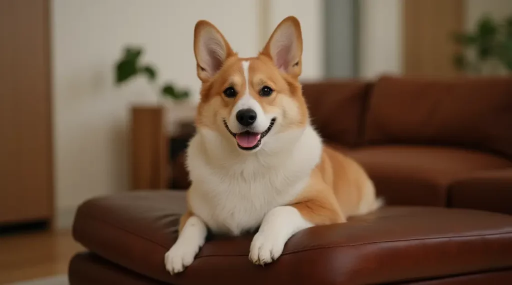 A smiling Auggie Dog lying on a brown couch in a living room.