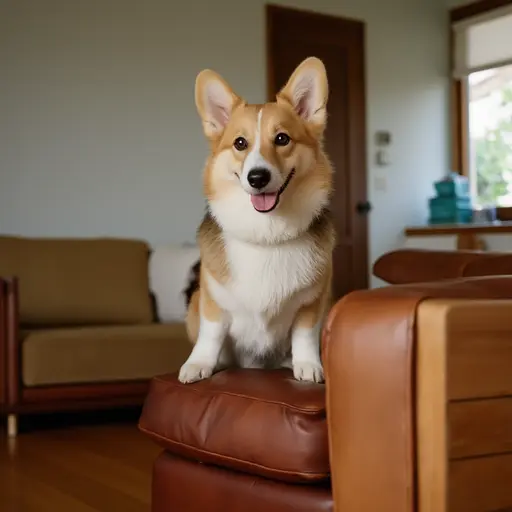 A smiling corgi dog sitting on a brown leather couch in a cozy living room.