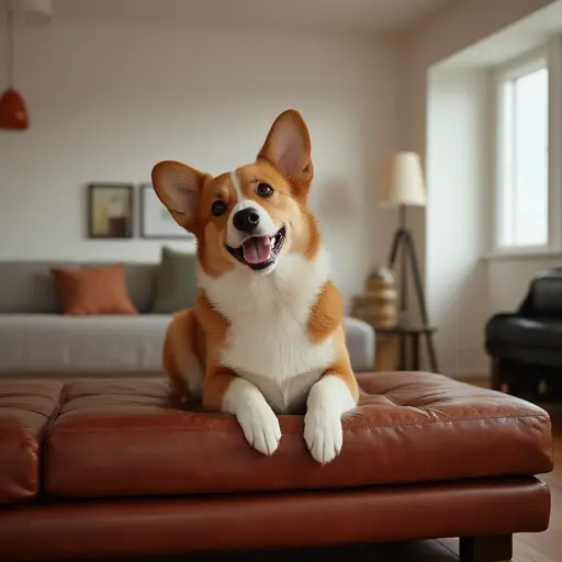 A smiling Corgi lying on a brown leather ottoman in a cozy living room.