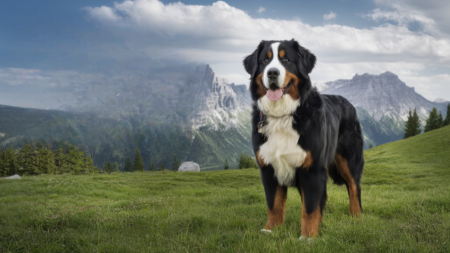 Bernese Mountain Dog standing in a grassy field with mountain backdrop.