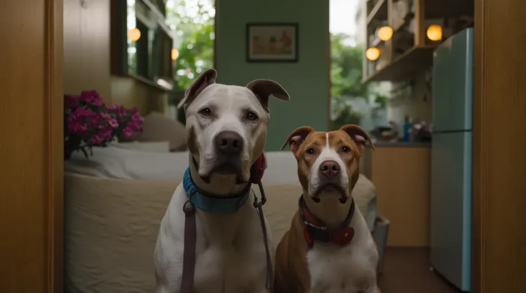 Blue Nose Pitbull wearing collars indoors, with a cozy home background.