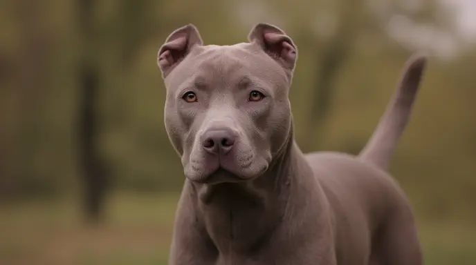 Blue Nose Pitbull standing outdoors with a blurred area over its head.