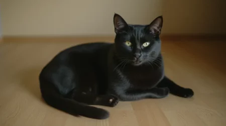 Bombay Cat with striking green eyes lying on a wooden floor.