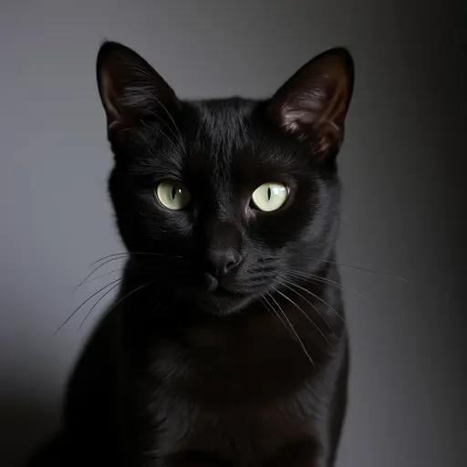 Bombay Cat with striking green eyes looking directly at the camera on a dark background.