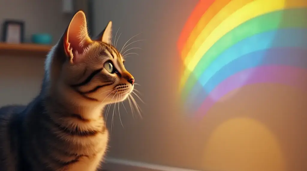 A cat looking at a light-created rainbow on the wall.