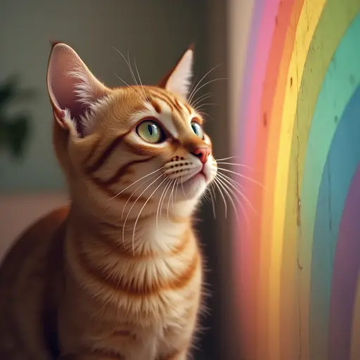 Orange tabby cat gazing towards a spectrum of rainbow colors on a wall.