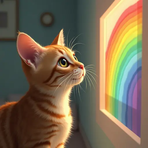 Cat gazes at a rainbow colored artwork on a wall, bathed in warm light.