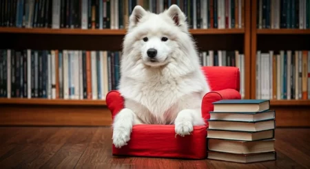 A fluffy white dog sitting on a miniature red armchair next to a stack of books.