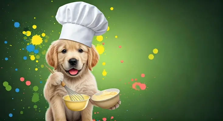 A dog wearing a chef hat holding a whisk and bowl with a colorful splatter background.