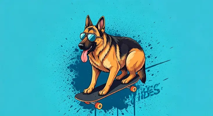  German Shepherd on a skateboard wearing sunglasses against a blue background.