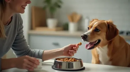 Person feeding a treat to an attentive dog beside its food bowl.