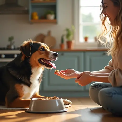 A dog looks eagerly at a treat being offered by a person in a sunny kitchen.