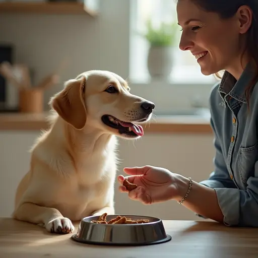 A golden retriever sits patiently by a food bowl as a person's hand offers a treat.