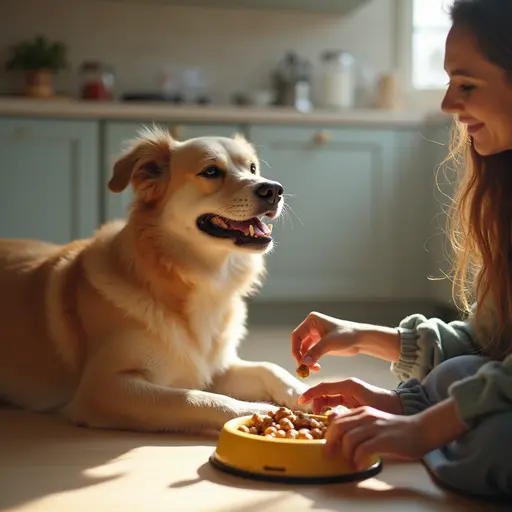 Person feeding a golden retriever dog from a yellow bowl in a sunlit kitchen.