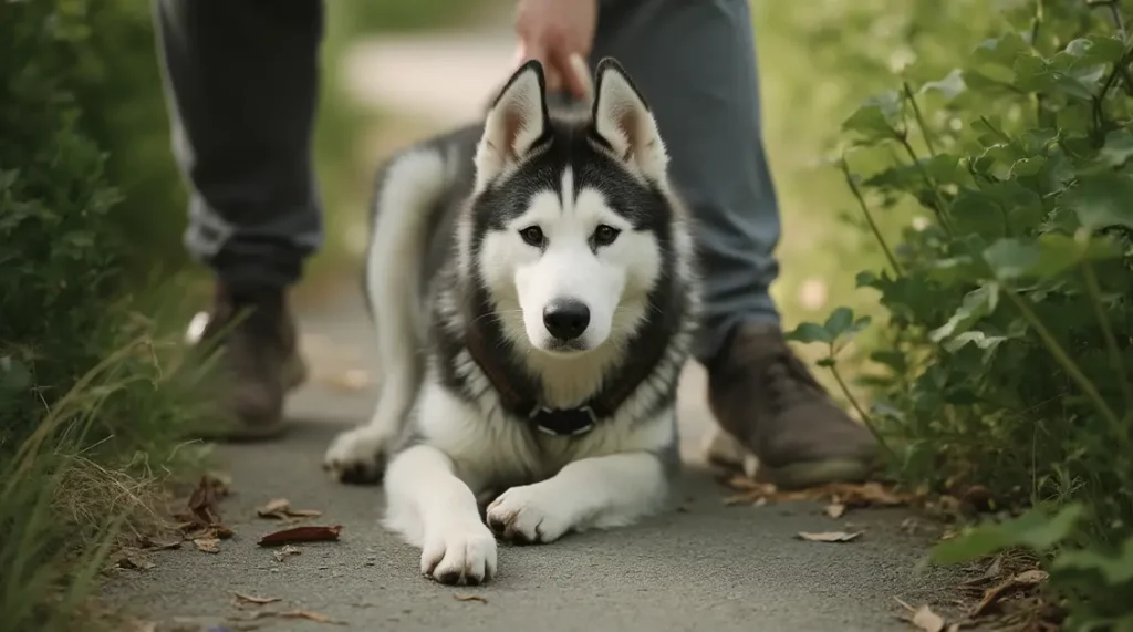 Person walking a Siberian Husky on a leaf-strewn path next to green bushes.