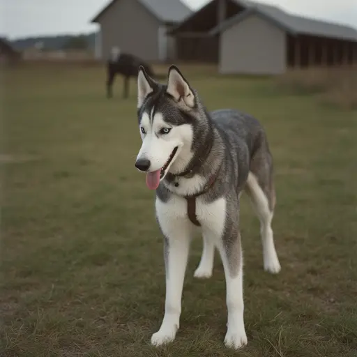 A Siberian Husky with blue eyes on a grassy field, with barns and a horse in the background.