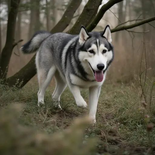 A Siberian Husky walking away in a wooded area.