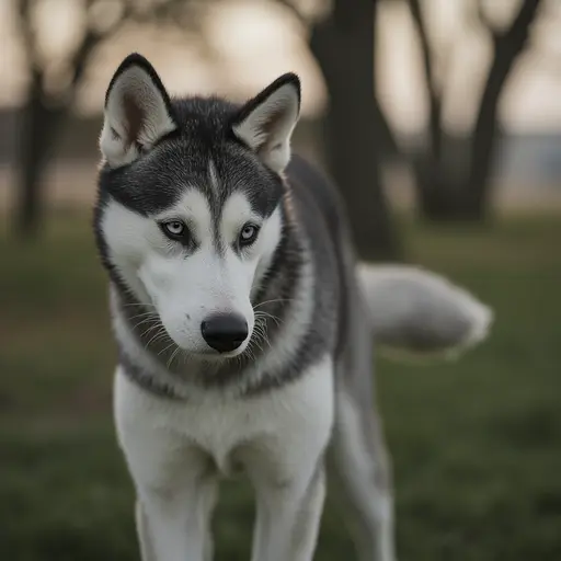 A Siberian Husky with piercing blue eyes standing in a field at twilight.