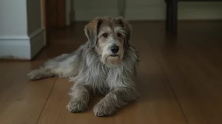 Irish Wolfhound lying on a wooden floor inside a house.