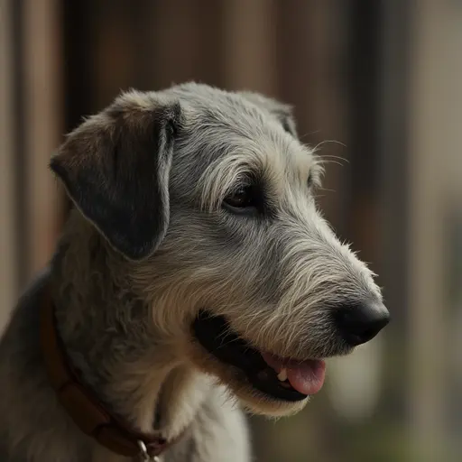 Irish Wolfhound with a collar, slightly panting, with a blurred background.