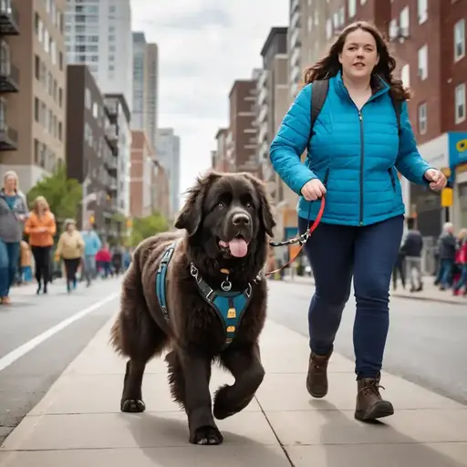 A person in a blue jacket walks a large black Newfoundland dog on a busy city street, surrounded by pedestrians and tall buildings.