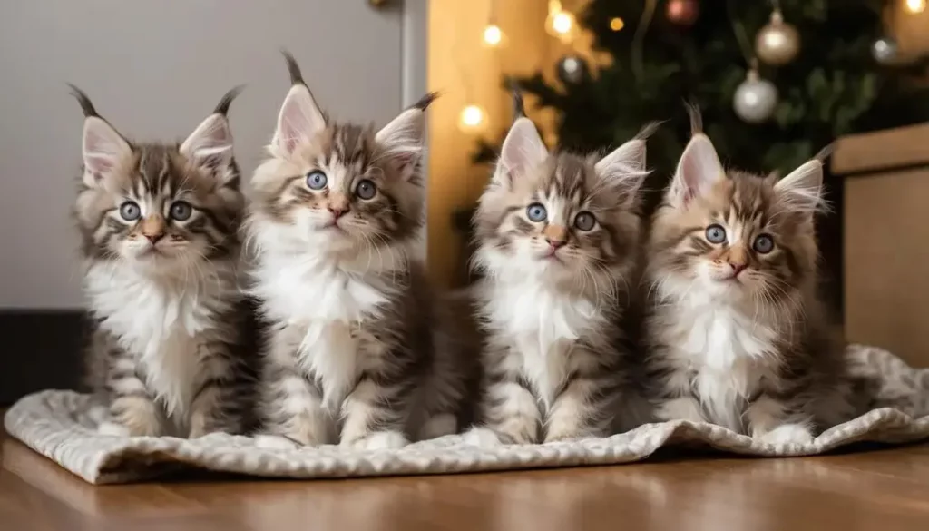 Four fluffy kittens sitting in a row with a festive backdrop.