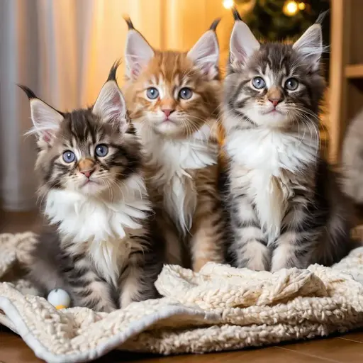 Three fluffy kittens sitting on a soft blanket with a warm light background.