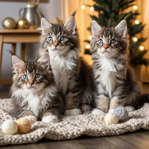 Three fluffy kittens on a knit blanket with Christmas lights in the background.