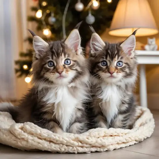 Two fluffy kittens with blue eyes sitting in a soft bed, with Christmas tree lights in the background.