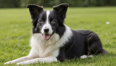 Black and white mini Border Collie lying on green grass with a happy expression.